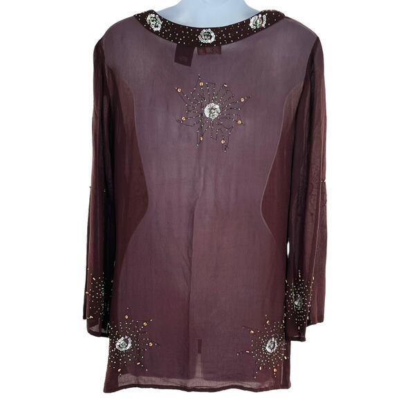 Phool Vintage Brown Sheer V-Neck Sequins & Beading Long Sleeve Hippie Boho Top S - Picture 3 of 13
